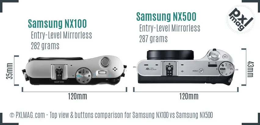 Samsung NX100 vs Samsung NX500 top view buttons comparison