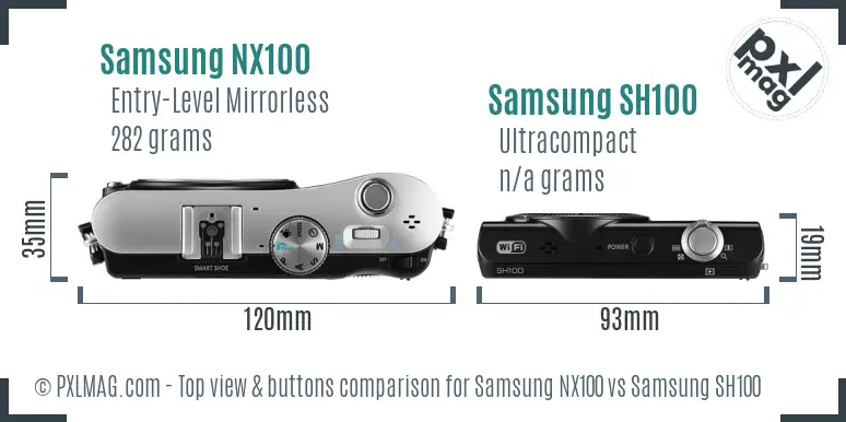 Samsung NX100 vs Samsung SH100 top view buttons comparison Samsung NX100 vs Samsung SH100 top view buttons comparison