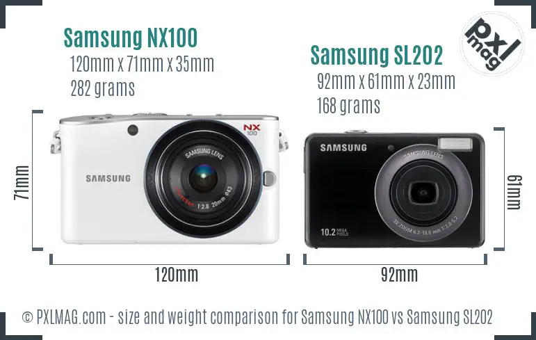 Samsung NX100 vs Samsung SL202 size comparison