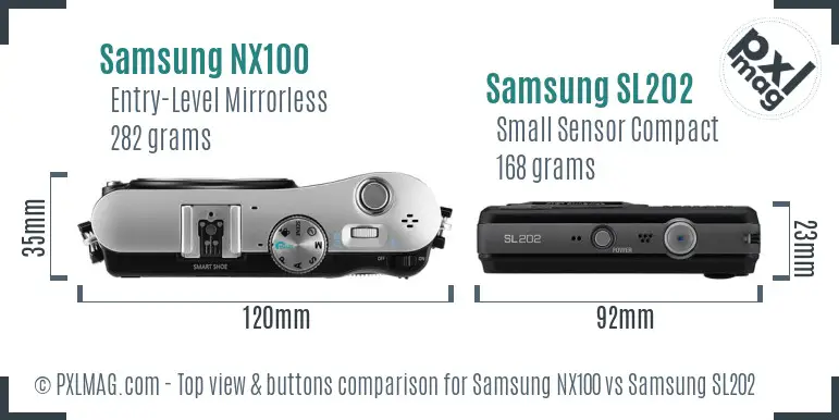 Samsung NX100 vs Samsung SL202 top view buttons comparison