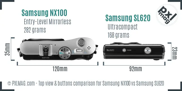 Samsung NX100 vs Samsung SL620 top view buttons comparison