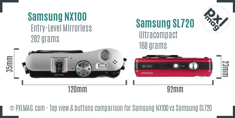 Samsung NX100 vs Samsung SL720 top view buttons comparison