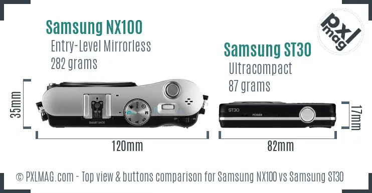 Samsung NX100 vs Samsung ST30 top view buttons comparison