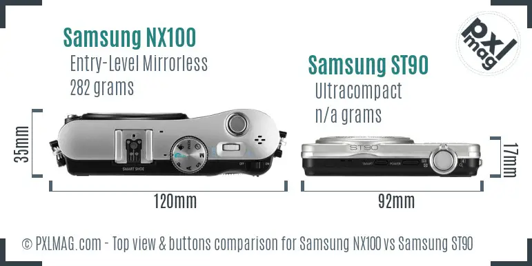 Samsung NX100 vs Samsung ST90 top view buttons comparison Samsung NX100 vs Samsung ST90 top view buttons comparison