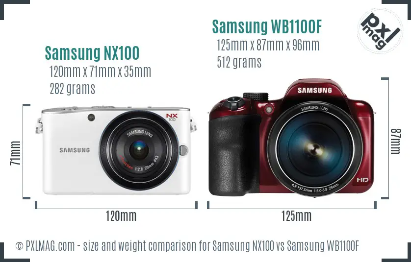 Samsung NX100 vs Samsung WB1100F size comparison