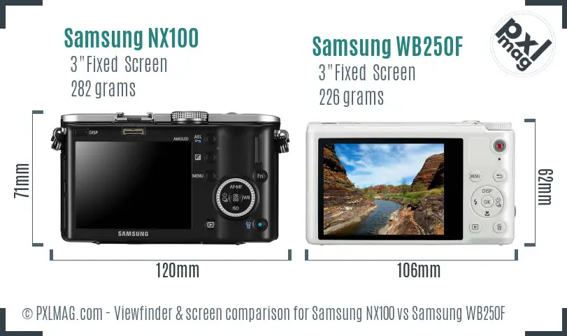 Samsung NX100 vs Samsung WB250F Screen and Viewfinder comparison