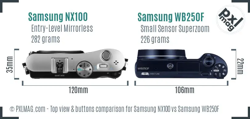 Samsung NX100 vs Samsung WB250F top view buttons comparison