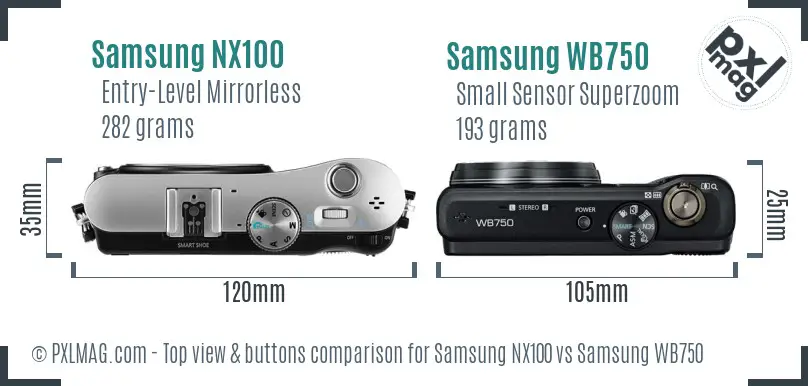 Samsung NX100 vs Samsung WB750 top view buttons comparison
