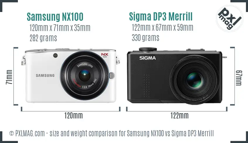 Samsung NX100 vs Sigma DP3 Merrill size comparison