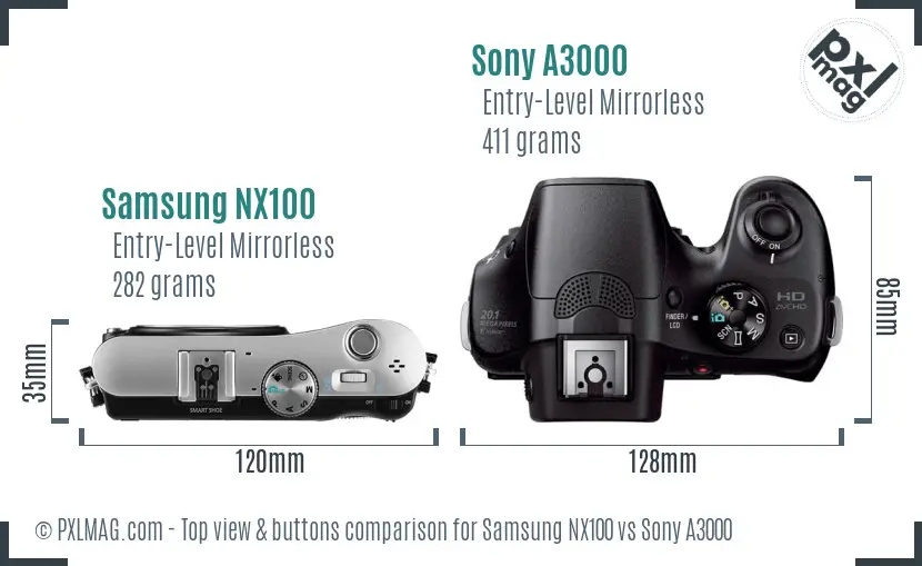 Samsung NX100 vs Sony A3000 top view buttons comparison