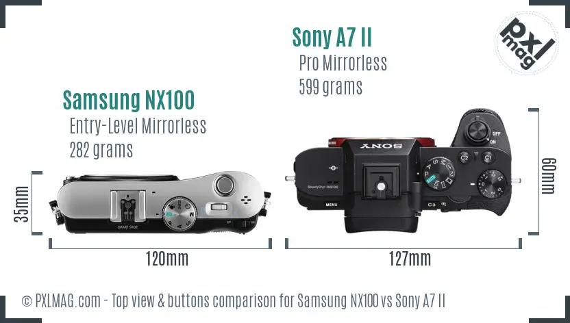 Samsung NX100 vs Sony A7 II top view buttons comparison