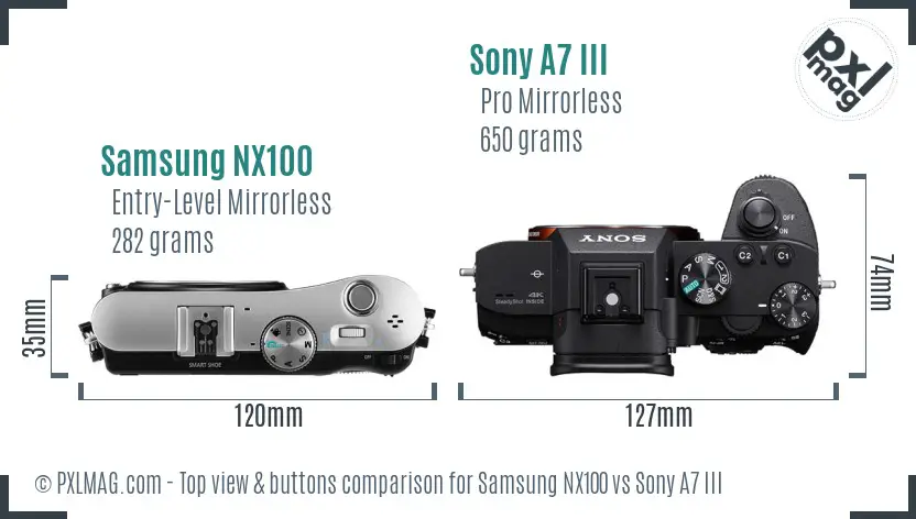 Samsung NX100 vs Sony A7 III top view buttons comparison