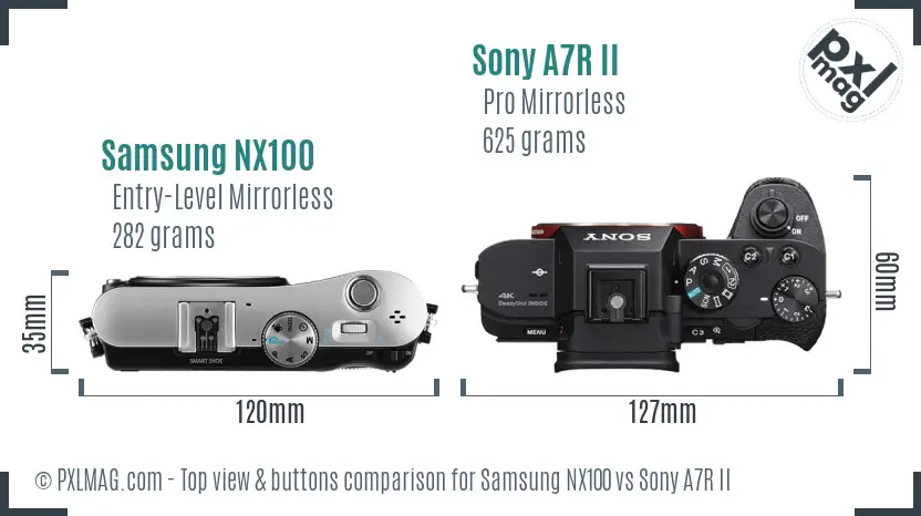 Samsung NX100 vs Sony A7R II top view buttons comparison