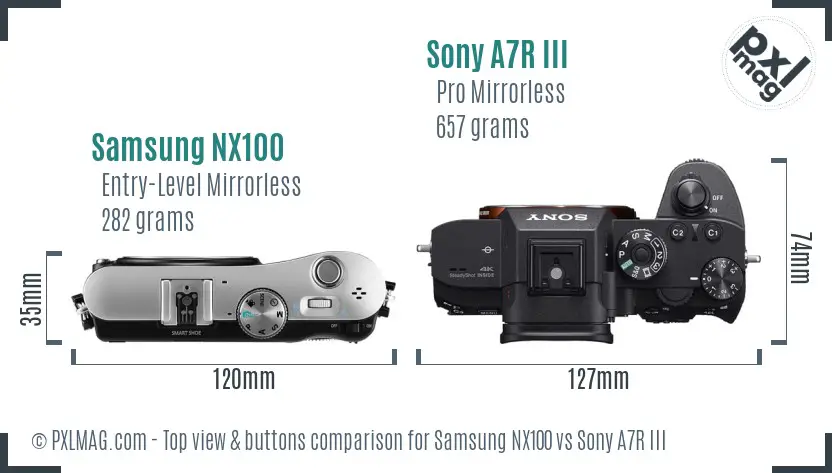 Samsung NX100 vs Sony A7R III top view buttons comparison