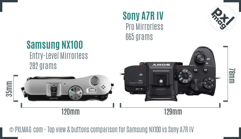 Samsung NX100 vs Sony A7R IV top view buttons comparison