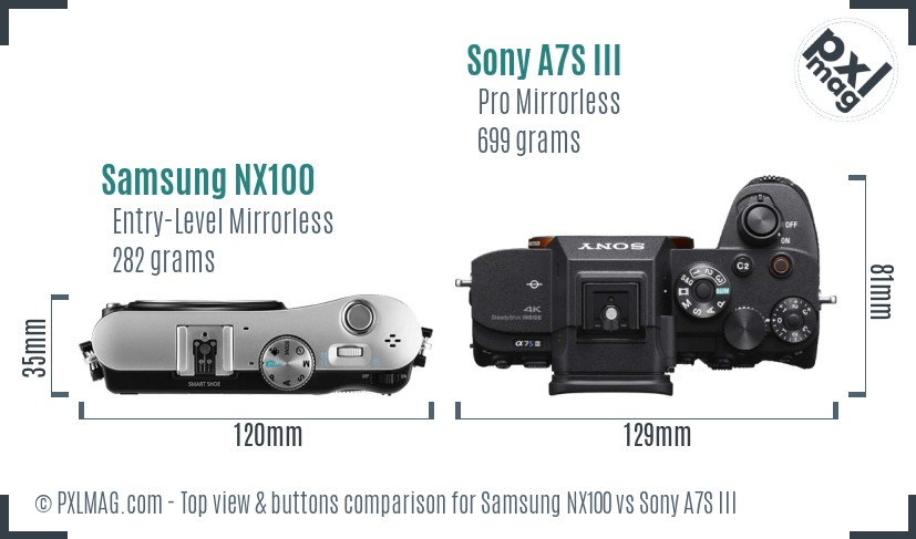 Samsung NX100 vs Sony A7S III top view buttons comparison