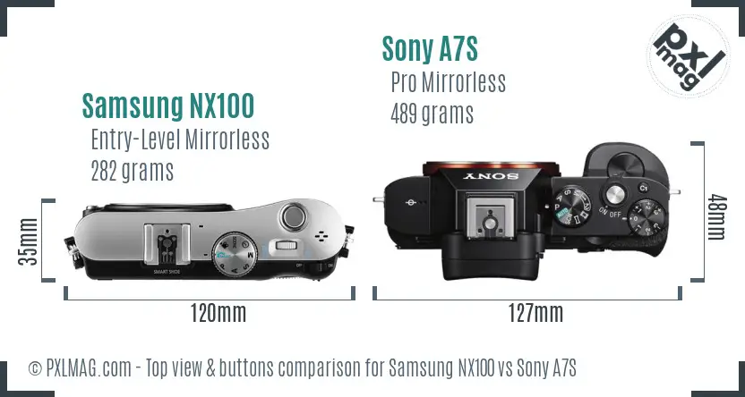 Samsung NX100 vs Sony A7S top view buttons comparison