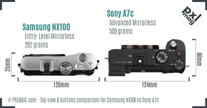 Samsung NX100 vs Sony A7c top view buttons comparison