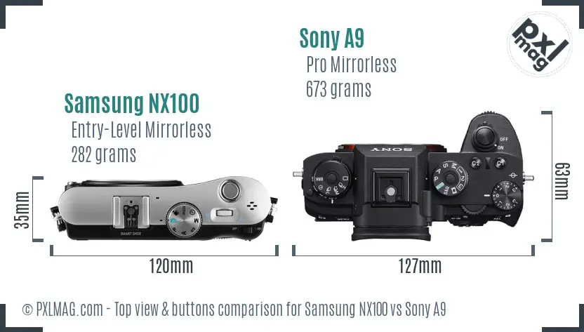Samsung NX100 vs Sony A9 top view buttons comparison