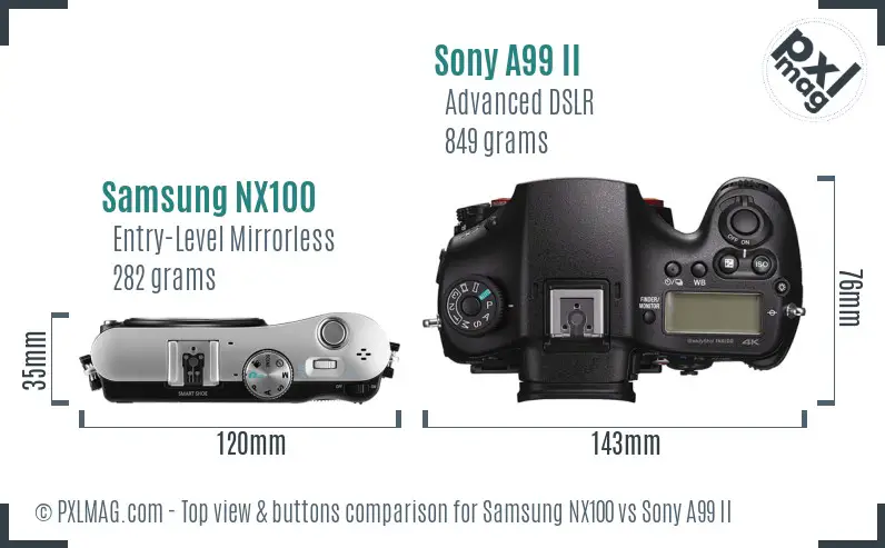 Samsung NX100 vs Sony A99 II top view buttons comparison