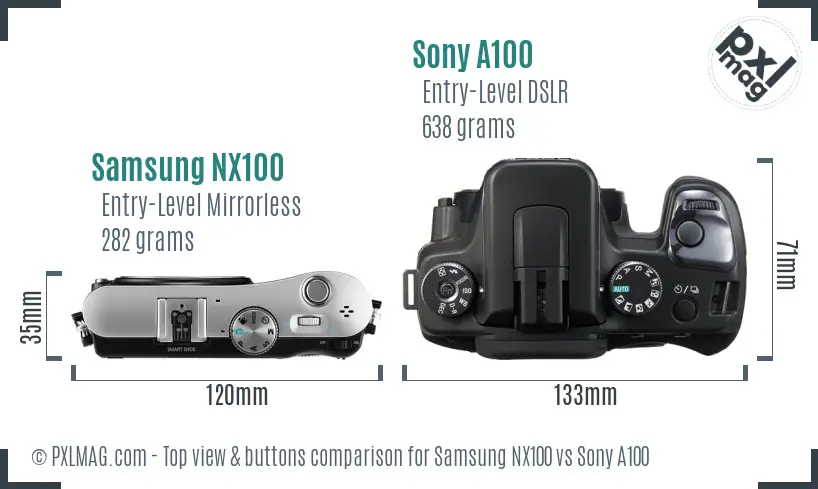 Samsung NX100 vs Sony A100 top view buttons comparison