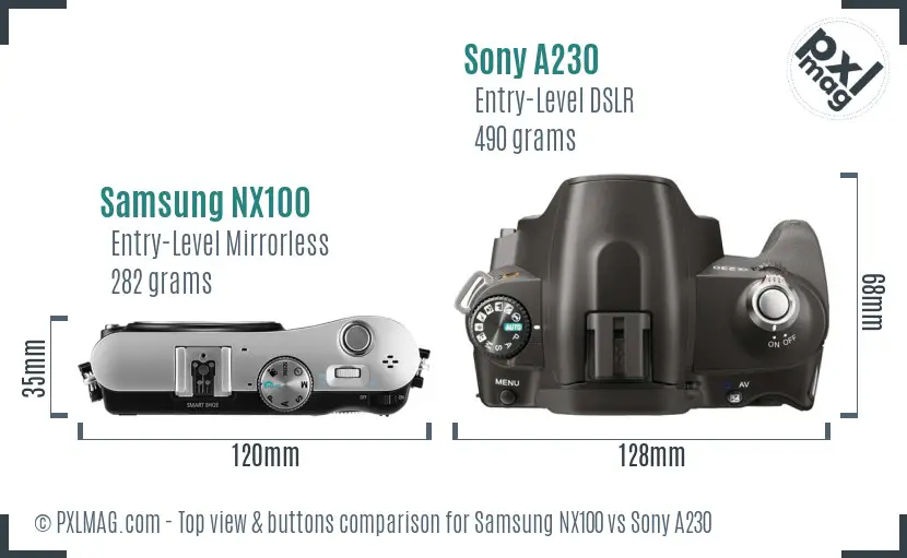 Samsung NX100 vs Sony A230 top view buttons comparison