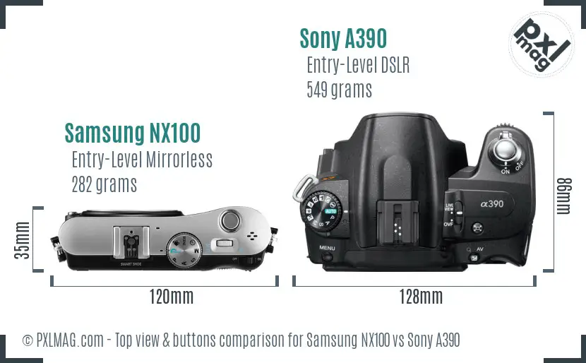 Samsung NX100 vs Sony A390 top view buttons comparison