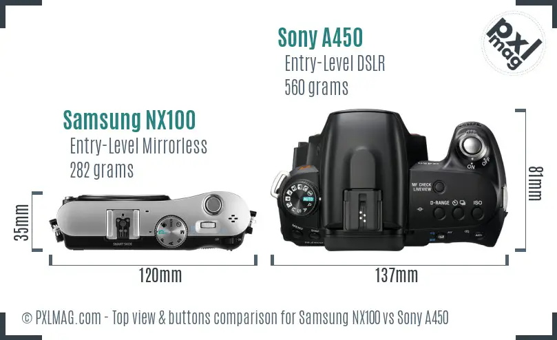 Samsung NX100 vs Sony A450 top view buttons comparison