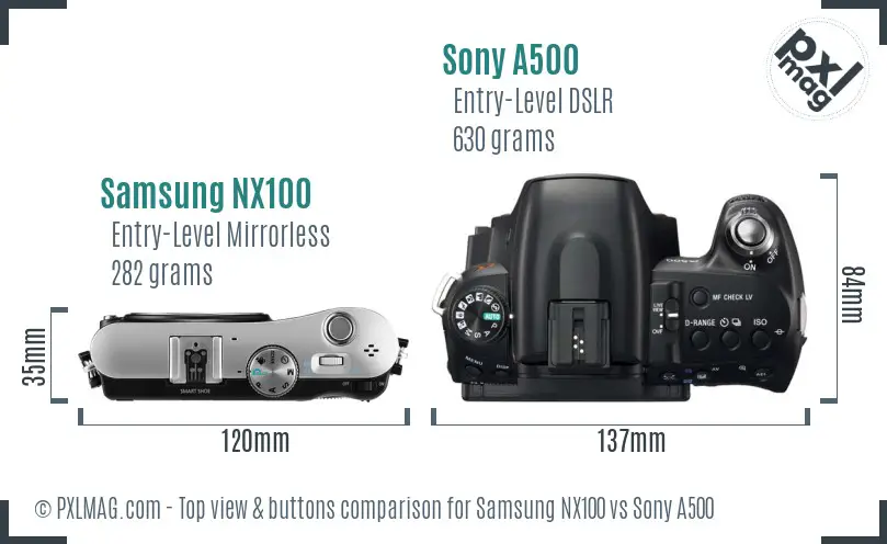 Samsung NX100 vs Sony A500 top view buttons comparison
