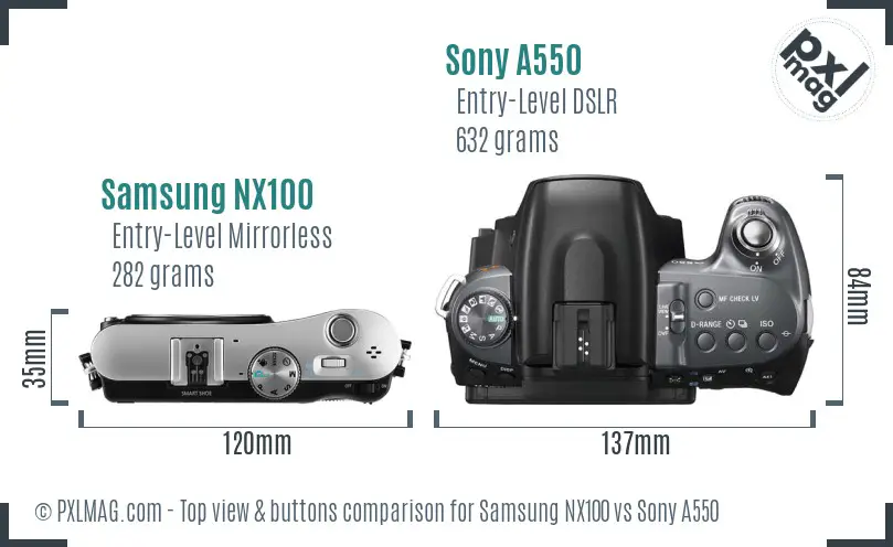 Samsung NX100 vs Sony A550 top view buttons comparison