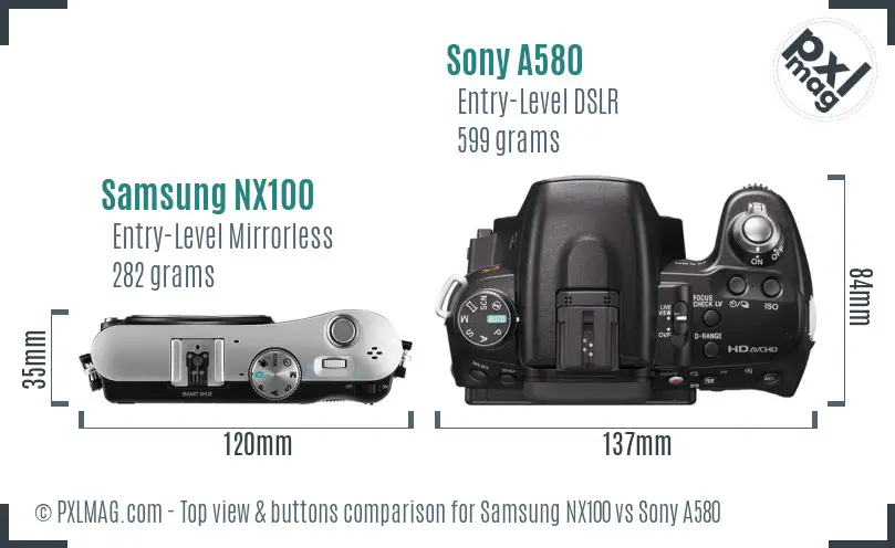 Samsung NX100 vs Sony A580 top view buttons comparison