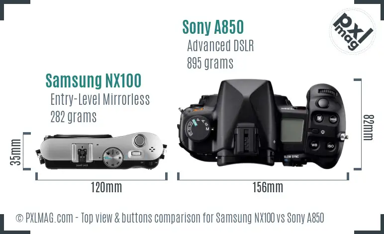 Samsung NX100 vs Sony A850 top view buttons comparison
