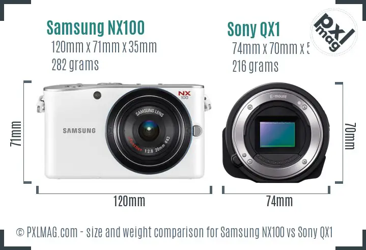 Samsung NX100 vs Sony QX1 size comparison