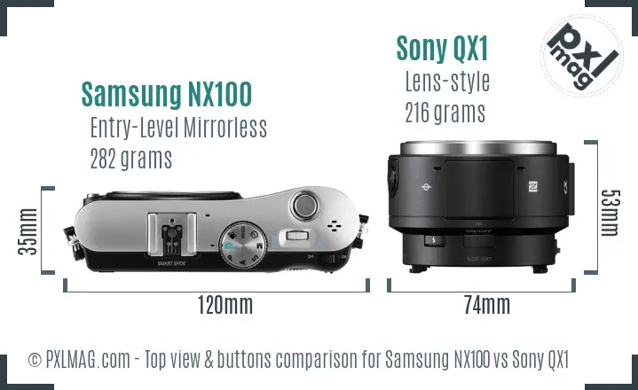 Samsung NX100 vs Sony QX1 top view buttons comparison