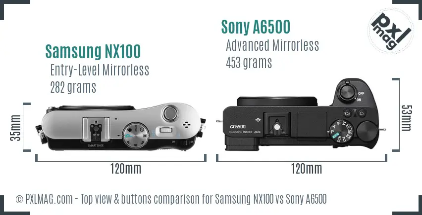 Samsung NX100 vs Sony A6500 top view buttons comparison