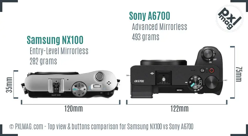 Samsung NX100 vs Sony A6700 top view buttons comparison