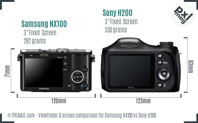 Samsung NX100 vs Sony H200 Screen and Viewfinder comparison