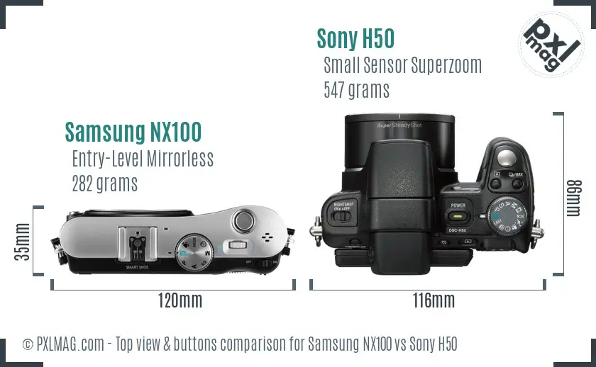 Samsung NX100 vs Sony H50 top view buttons comparison