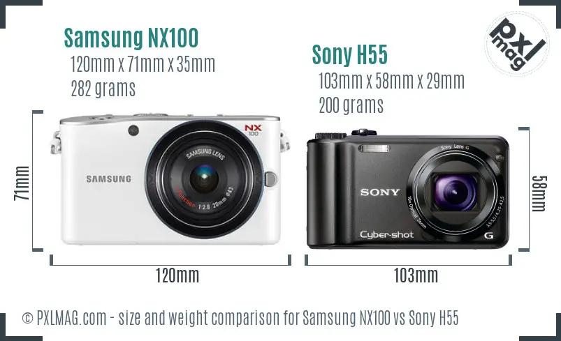 Samsung NX100 vs Sony H55 size comparison