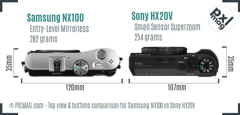 Samsung NX100 vs Sony HX20V top view buttons comparison