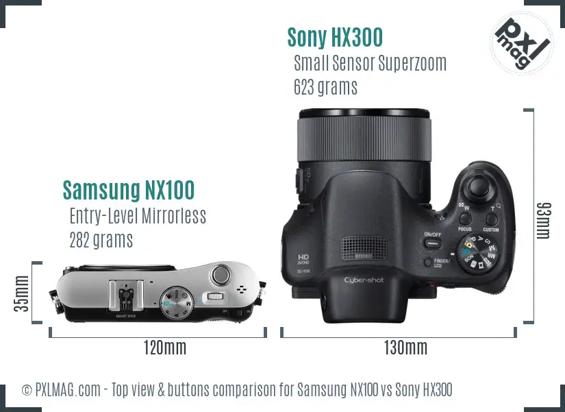 Samsung NX100 vs Sony HX300 top view buttons comparison