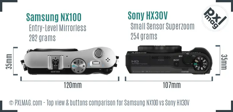 Samsung NX100 vs Sony HX30V top view buttons comparison
