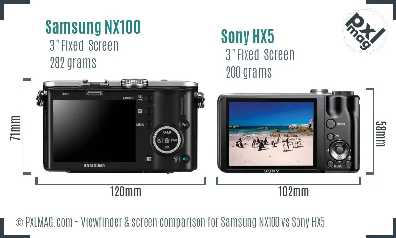 Samsung NX100 vs Sony HX5 Screen and Viewfinder comparison