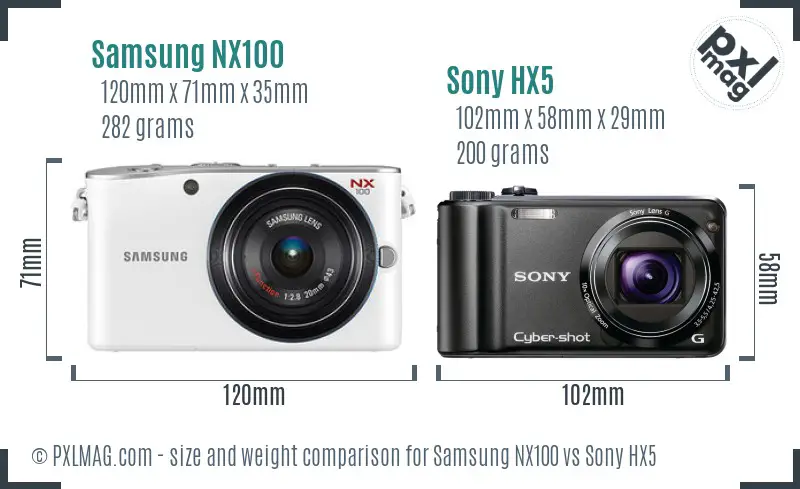 Samsung NX100 vs Sony HX5 size comparison