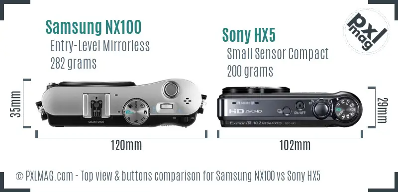 Samsung NX100 vs Sony HX5 top view buttons comparison