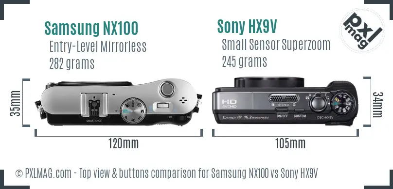 Samsung NX100 vs Sony HX9V top view buttons comparison