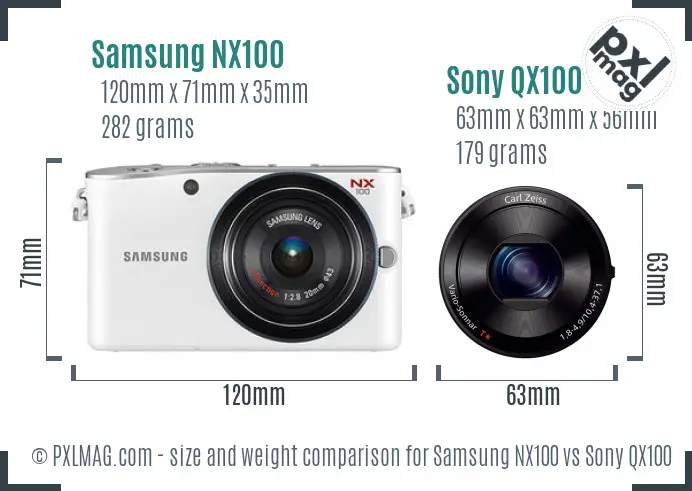 Samsung NX100 vs Sony QX100 size comparison