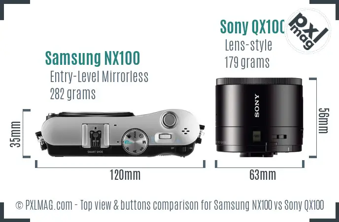 Samsung NX100 vs Sony QX100 top view buttons comparison