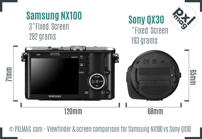 Samsung NX100 vs Sony QX30 Screen and Viewfinder comparison