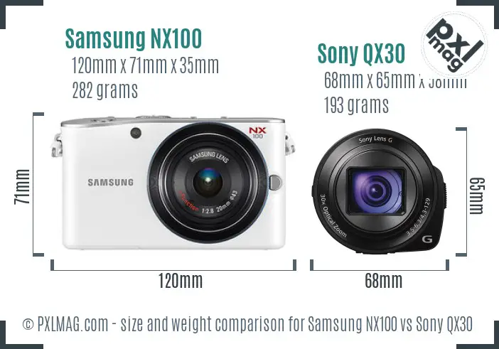 Samsung NX100 vs Sony QX30 size comparison